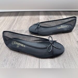 NEW CHANEL CC LOGO BLACK MESH BALLET BALLERINA FLATS SHOES Size 38.5